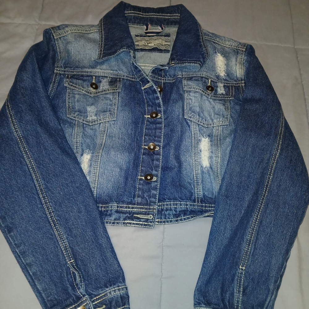 Cropped Distressed Blue Denim Jacket